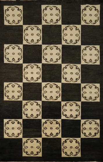 Modern black and Cream floral checkered rug for living rooms 6x8