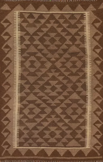 Brown Wool Kilim Geometric Area Rug 3x5
