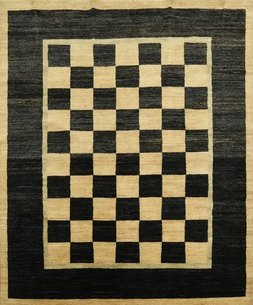 Artisan Crafted Black and Beige Rug with Chessboard Pattern 7'x8'