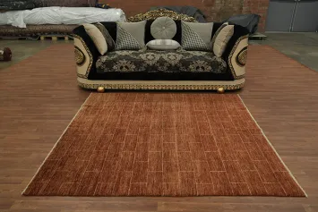 Contemporary Burnt Rust Gabbeh Square Rug Featuring a Brick Inspired Pattern 7x7