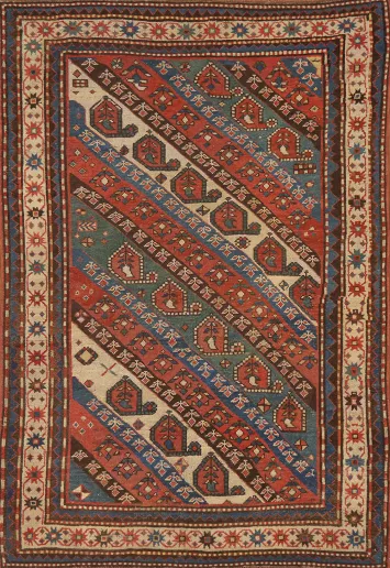 Pre-1900 Antique Kazak Shirvan Oriental Area Rug 4x6