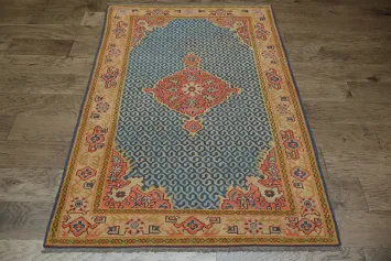 Mesmerizing Blues and Oranges Vegetable Dye Turkish Antique Rug 4x6