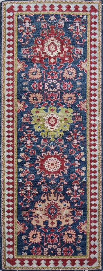 Vegetable Dye Ziegler Navy Blue and Red Runner Rug 3x7 ft