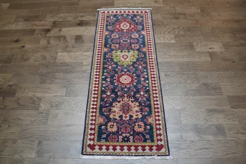 Vegetable Dye Ziegler Navy Blue and Red Runner Rug 3x7 ft