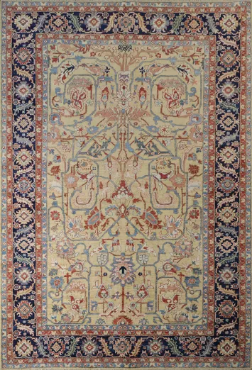 Luxurious Gold and Navy Blue Ziegler Vegetable Dye Area Rug 6x9 ft