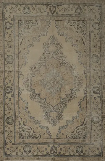 Vintage Beige Geometric Distressed Persian Rug with Intricate Patterns 7x9