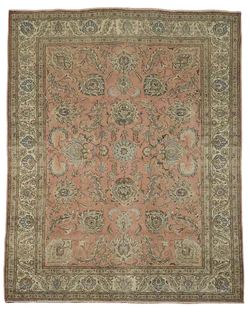 All-Over Floral Coral Pink Vintage Tabriz Persian Area Rug 10x13