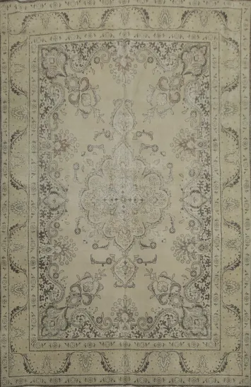 Muted Distressed Beige Brown Tabriz Persian Rug 9x13
