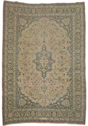 Vintage Hand-Knotted Muted Coral Peach Mashad Persian Rug 7x9