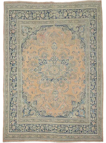 Classic Vintage Persian Rug in Soft Blue and Coral Tones 10x13