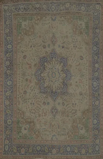 Exquisite Beige and Blue Medallion Pattern Distressed Persian Area Rug 10x13
