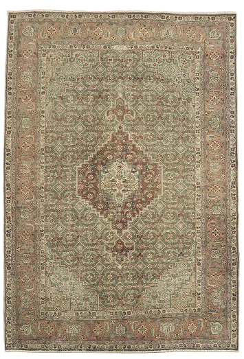Traditional Geometric Distressed Tabriz Persian Green Rug 7'x10'