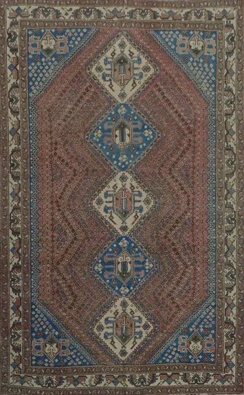 Exquisite Vintage Style Rug in Earthy Pink and Blue Geometric Motifs 7x10
