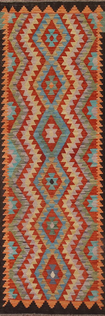 Colorful Kilim Reversible Wool Runner Rug 3x10