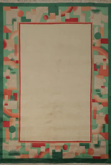 Art Deco Geometric Rug with Vibrant Green and Red Patterns 8x10