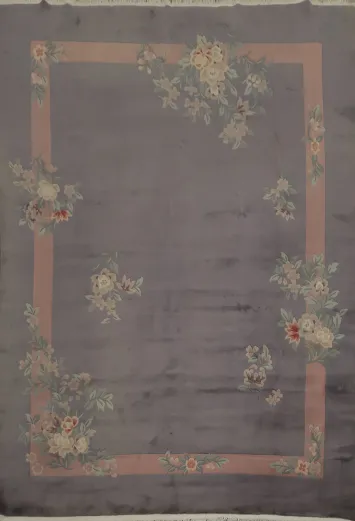 Chic Art Deco Chinese Pastel Purple Rug with Delicate Floral Accents 9x12