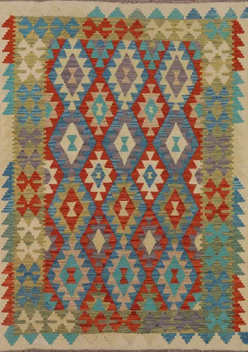 Geometric Kilim Reversible Wool Area Rug 5x7