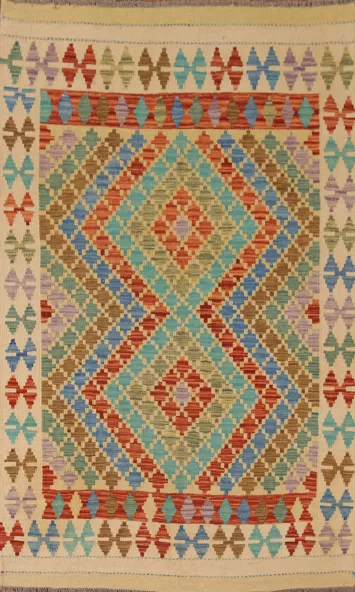 Colorful Kilim Reversible Wool Area Rug 4x7