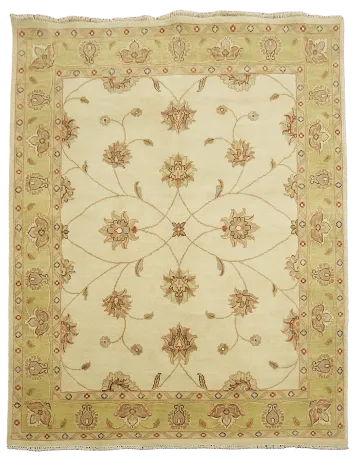 Luxurious Beige and Sage Floral Patterned Peshawar Wool Rug 5x6 ft