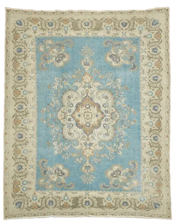 Traditional Distressed Blue and Beige Tabriz Persian Large Rug 10x12