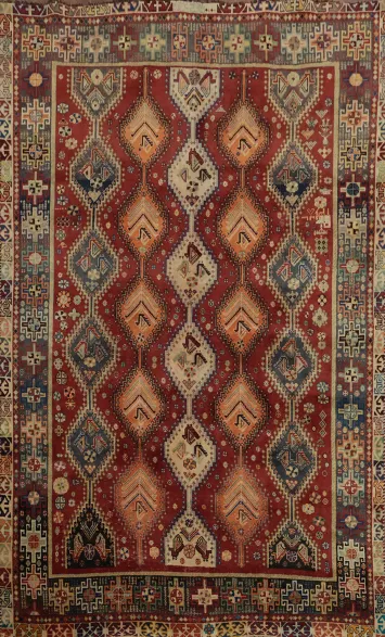 Vintage Tribal Geometric Shiraz Rug with Rich Red and Blue Accents 6x9