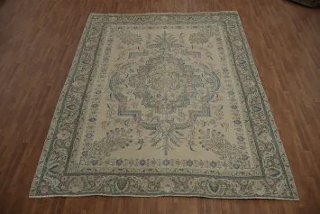 Distressed Beige and Blue Ornamental Tabriz Persia Rug 10x12