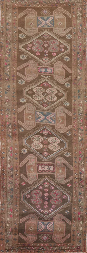 Brown Wool Ardebil Persian Runner Rug 4x12