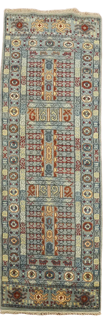 Elegant Blue and Red Rug with Intricate Traditional Patterns 3x8 ft