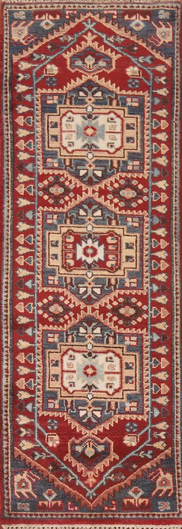 Red Wool Heriz Serapi Indian Runner Rug 3x8