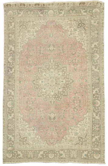 Distressed Tabriz Persian Rug in Soft Beige and Subtle Pink Tones 7x10 ft