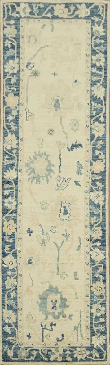 Vintage-Inspired Oushak Turkish Runner Rug in Soft Cream and Vivid Blue Hues 3x11