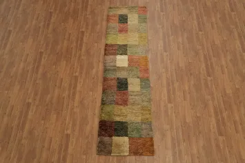 Rustic Elegance: Long Multi-Toned Rug with Earthy Squares 3x10