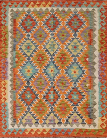 Colorful Kilim Reversible Wool Area Rug 5x6