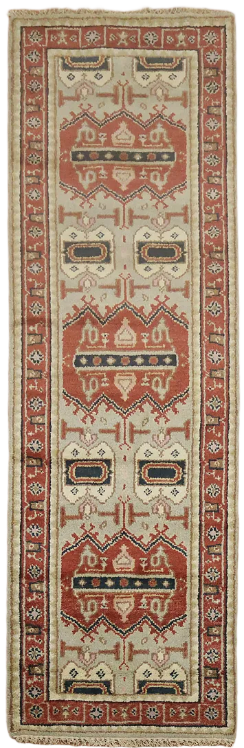 Vintage Red and Cream Runner Rug with Geometric Patterns 3x8