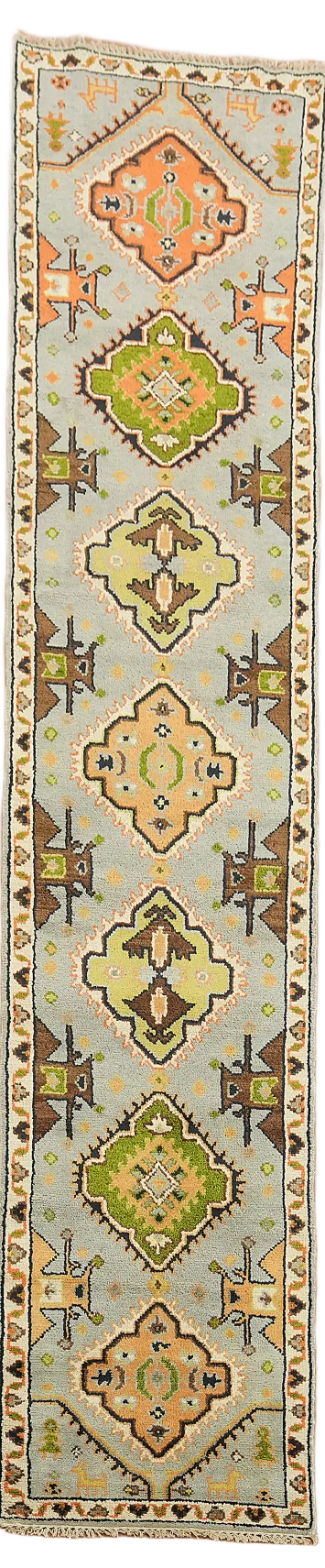 Geometric Tribal Hand-made Light Blue Kazak Long Runner for Hallways 3x12 ft
