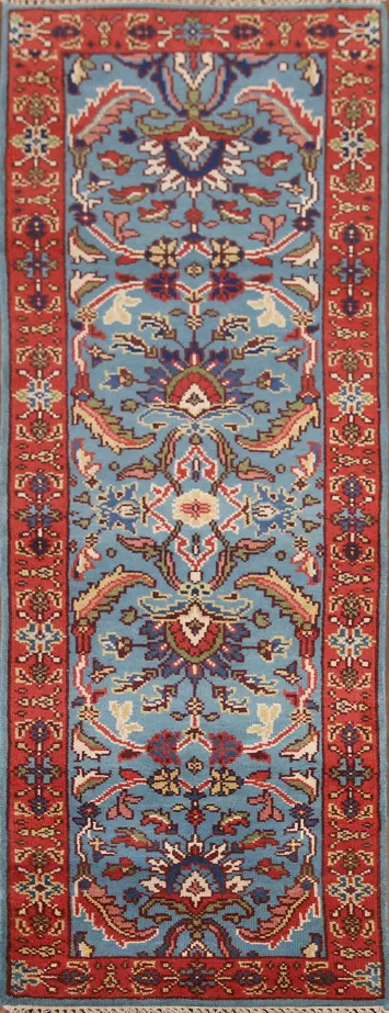 Blue Floral Heriz Serapi Runner Rug 3x8