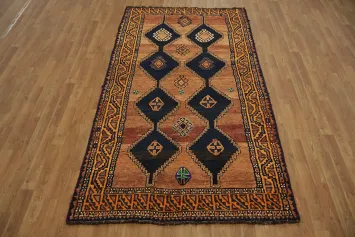 Handmade Vintage Wool Rust and Navy Blue Rug with Intricate Geometric Design 4x8