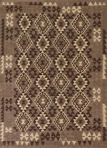Reversible Wool Kilim Brown Area Rug 5x6