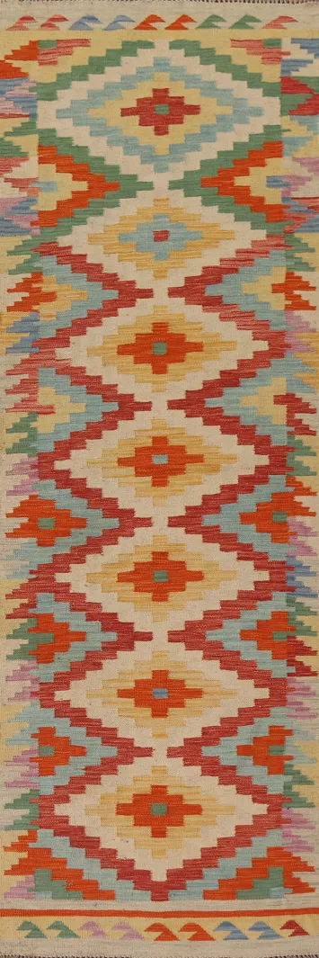 Geometric Kilim Wool Runner Rug 3x10