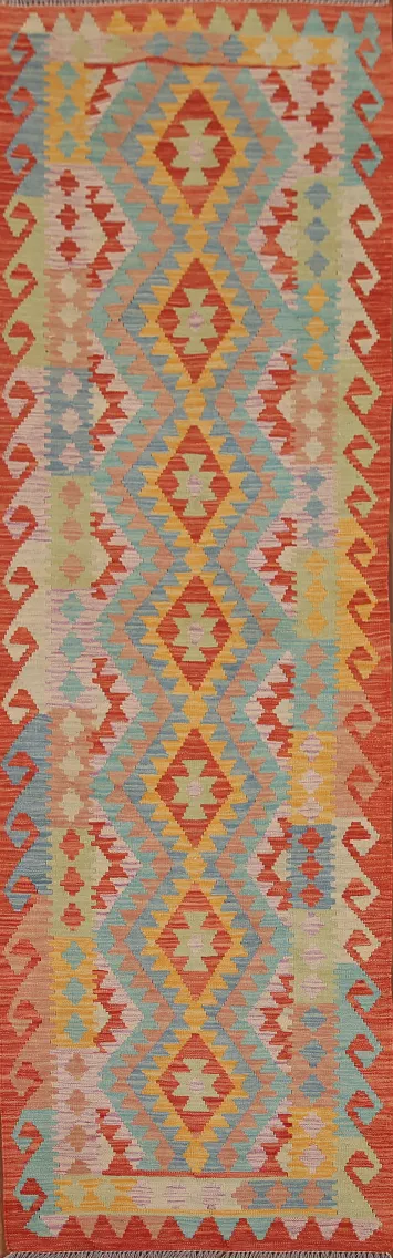 Geometric Kilim Wool Runner Rug 3x10