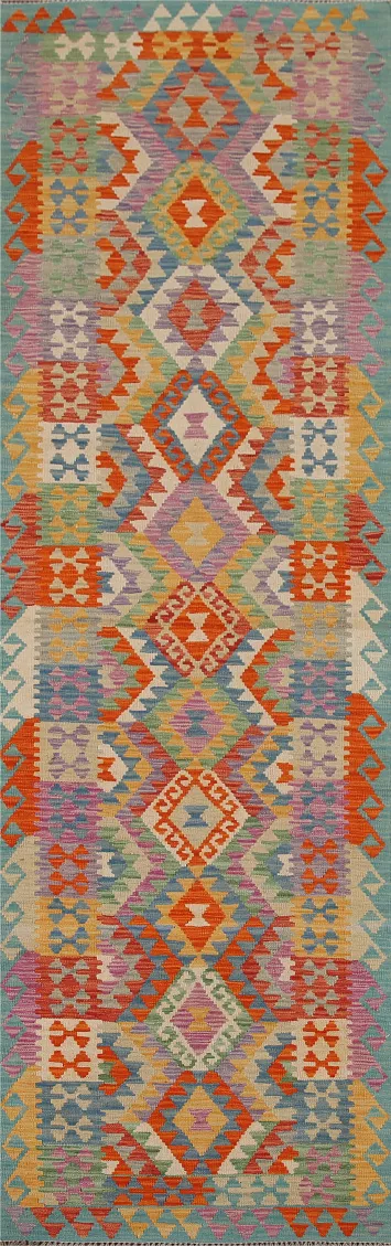 Colorful Kilim Geometric Runner Rug 3x10