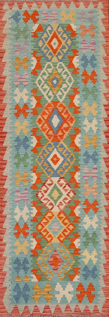 Colorful Kilim Reversible Wool Runner Rug 3x10