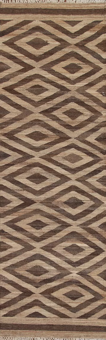 Reversible Wool Kilim Brown Runner Rug 3x10