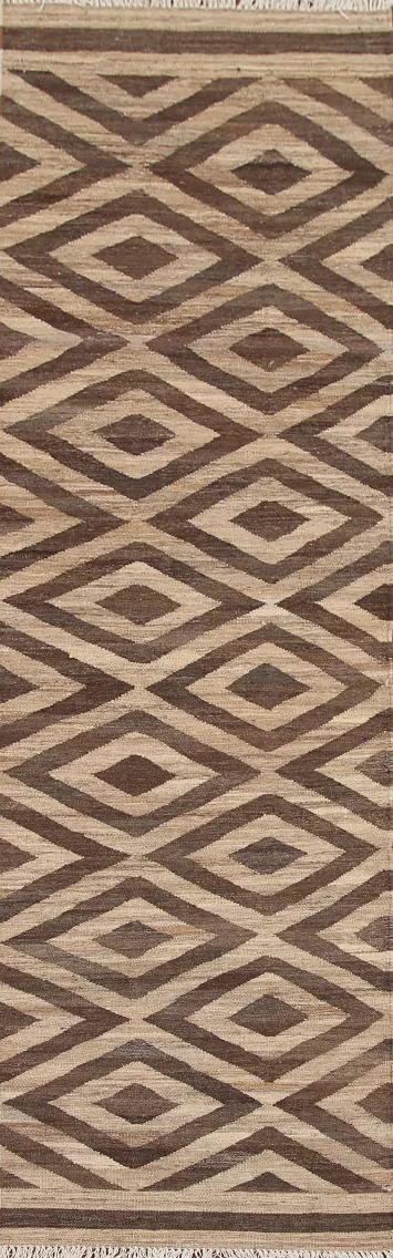 Brown Kilim Geometric Runner Rug 3x10