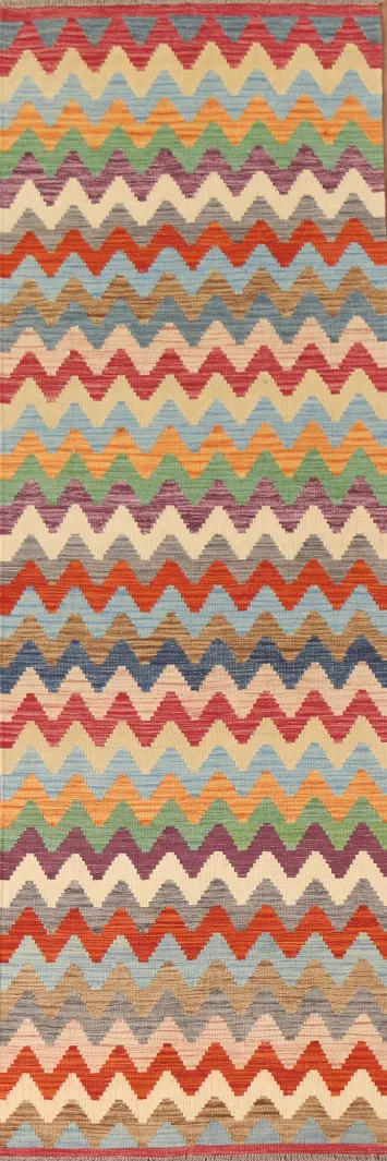 Colorful Kilim Reversible Wool Runner Rug 3x10