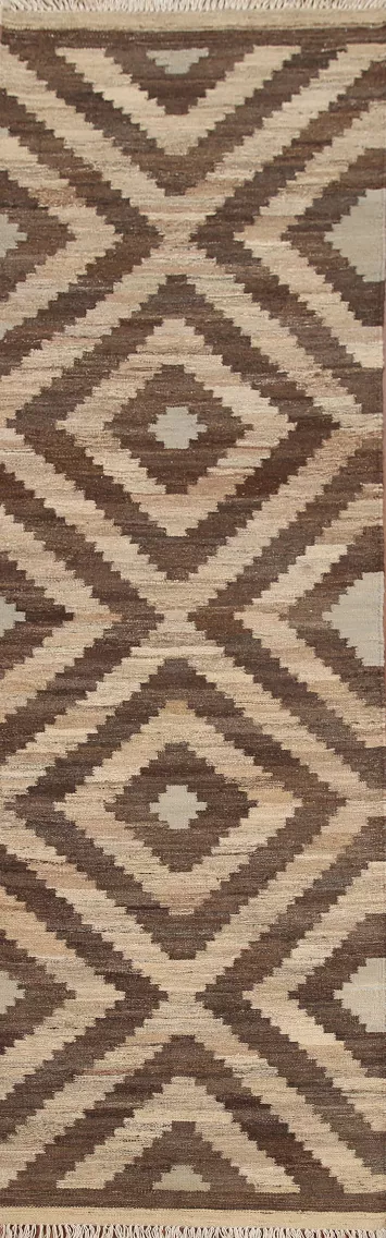 Reversible Wool Kilim Brown Runner Rug 3x10