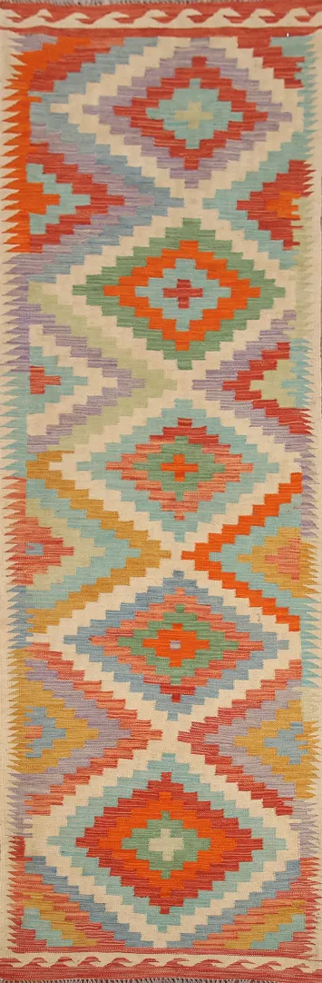 Colorful Kilim Wool Runner Rug 3x10