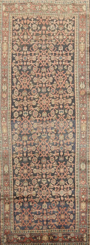 Vintage Navy Blue and Red Hamedan Persian Runner Rug 4x10 ft