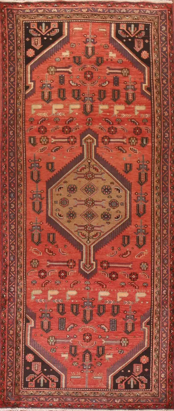 Geometric Red Hamedan Persian Runner Rug 4x11