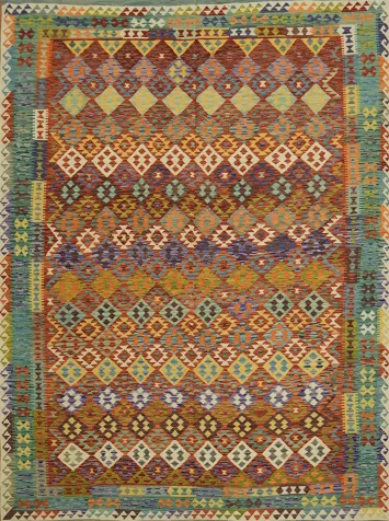 Vibrant Flat-Weave Kilim Rug with Intricate Patterns 10'x13'
